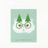 A Dear Hancock Purrfect Holiday Card featuring a hand-painted illustration of a white cat wearing green glasses and a pair of party hats resembling Christmas trees, with the pun "have a purrfect holiday" written below.
