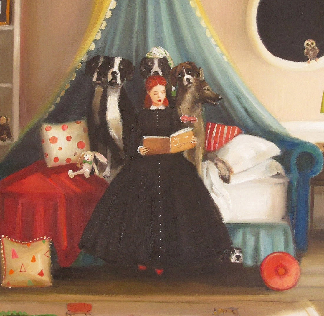A framed Miss Moon Lesson Six Small Art Print by Janet Hill of a woman sitting on a bed.
