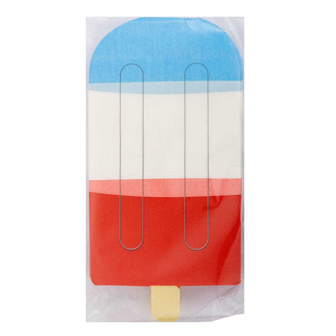 4&quot; x 7 ½&quot; Red, white &amp; blue ice pop shaped paper napkin wrapped in plastic on white background.
