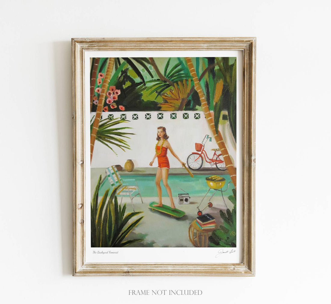 Vintage-style painting of a woman by a pool with a bicycle and barbecue, printed with Epson Ultrachrome archival inks on heavyweight matte fine art paper — &