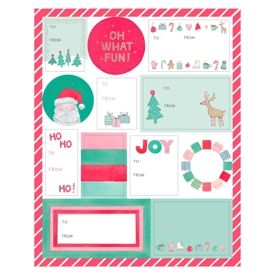 A sheet of Christmas-themed stationery templates and labels, including gift tags, envelopes, and cards with festive illustrations like Santa Claus, reindeer, trees, and holiday text such as &