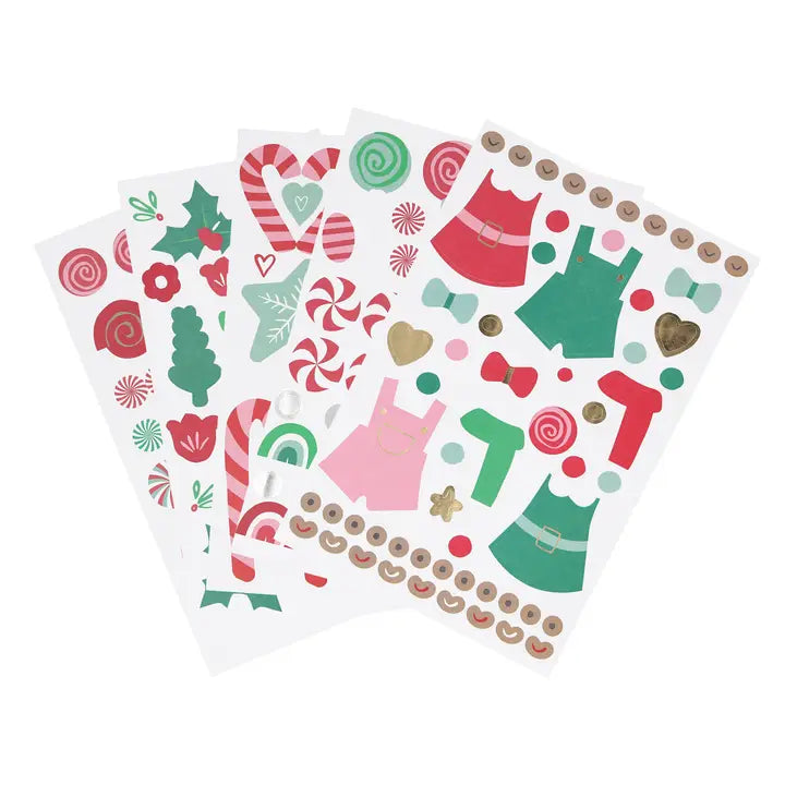 Three sheets of festive stickers with Christmas-themed designs on a white background.