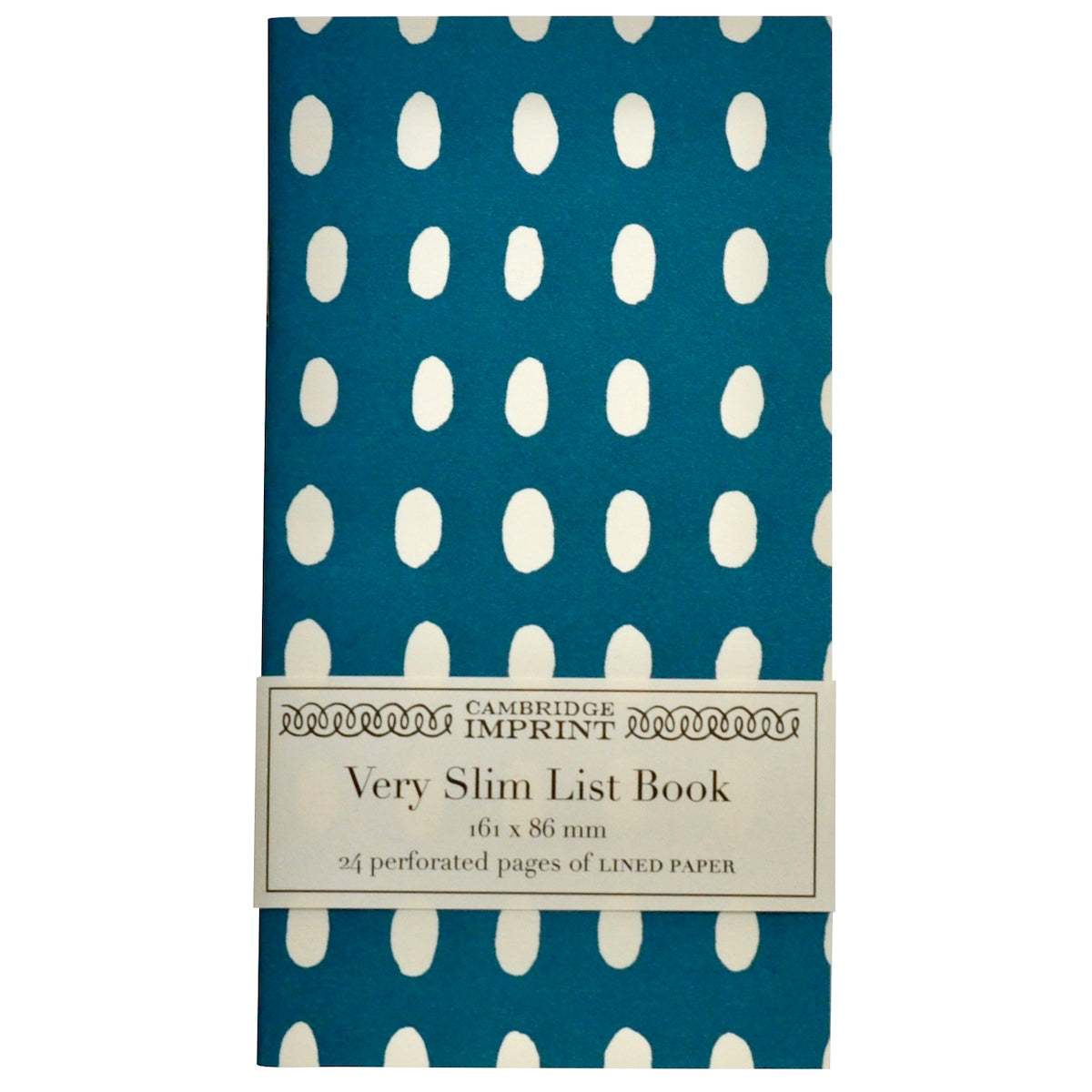 Blue notebook with white polka dots and Cambridge Imprint branding on a white background.