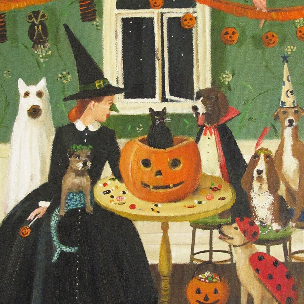 Art print of Miss Moon Lesson Ten: Sometimes Tricks are Better than Treats, by Janet Hill, depicting a witch and her dogs at a Halloween party.