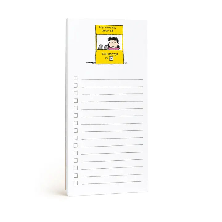 A white notepad with a checklist on the left side and lined writing space on the right. The top of the pad features a small illustration of The Peanuts&