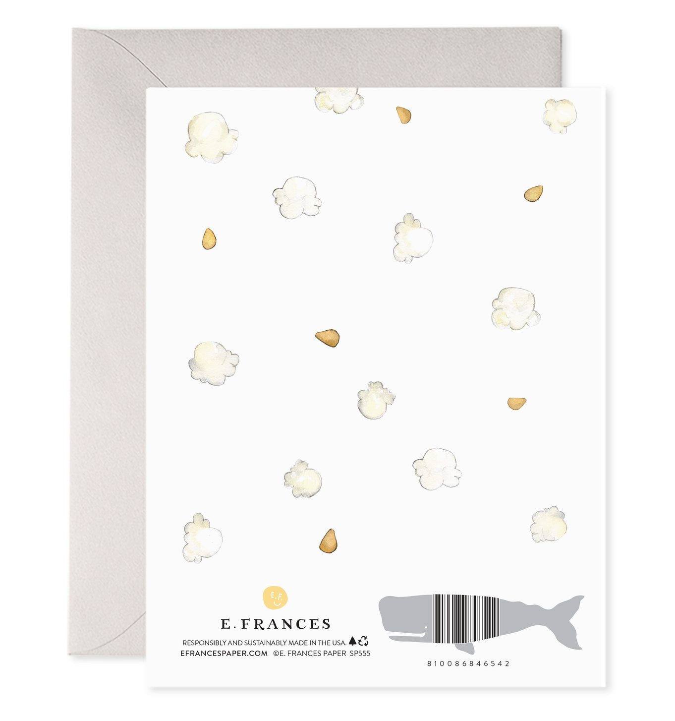 Back of card with illustration of kernels of corn and popped corn on it. 