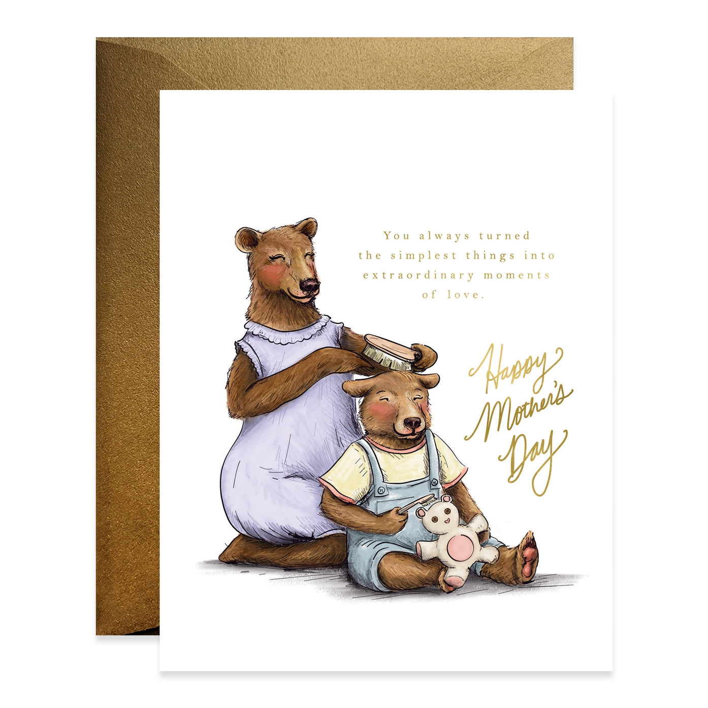 A greeting card with an illustration of a bear and a cub playing with a teddy bear. The card has text that reads &