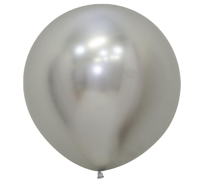Twenty four inch Reflex Silver balloon on a white background.