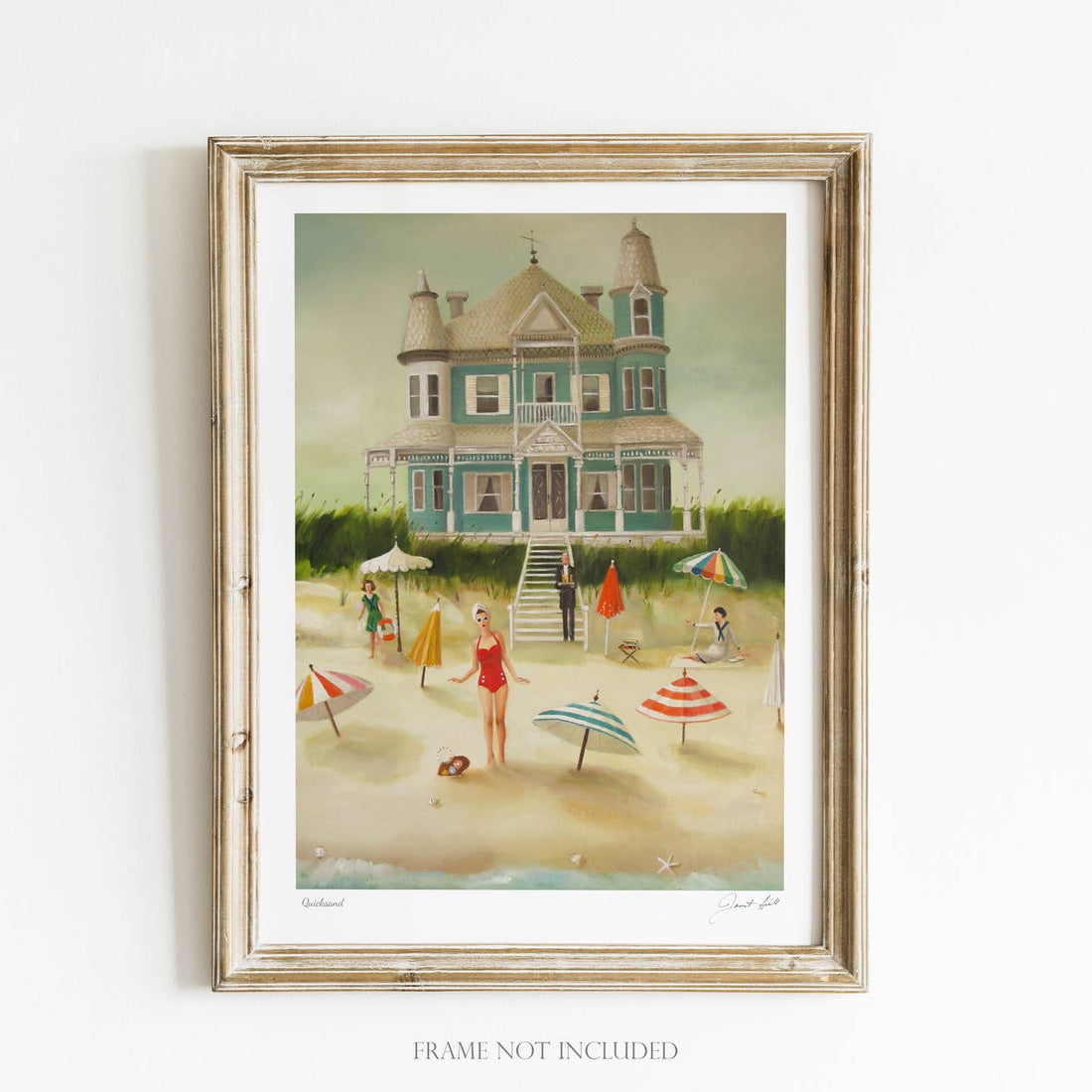 Artwork by Janet Hill depicting a beach scene with a large house in the background and a woman in a red swimsuit in the foreground.  
