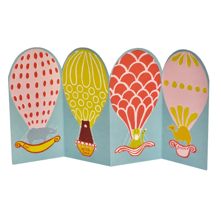 A concertina-style card with four colorful hot air balloons with animal characters on a white background.