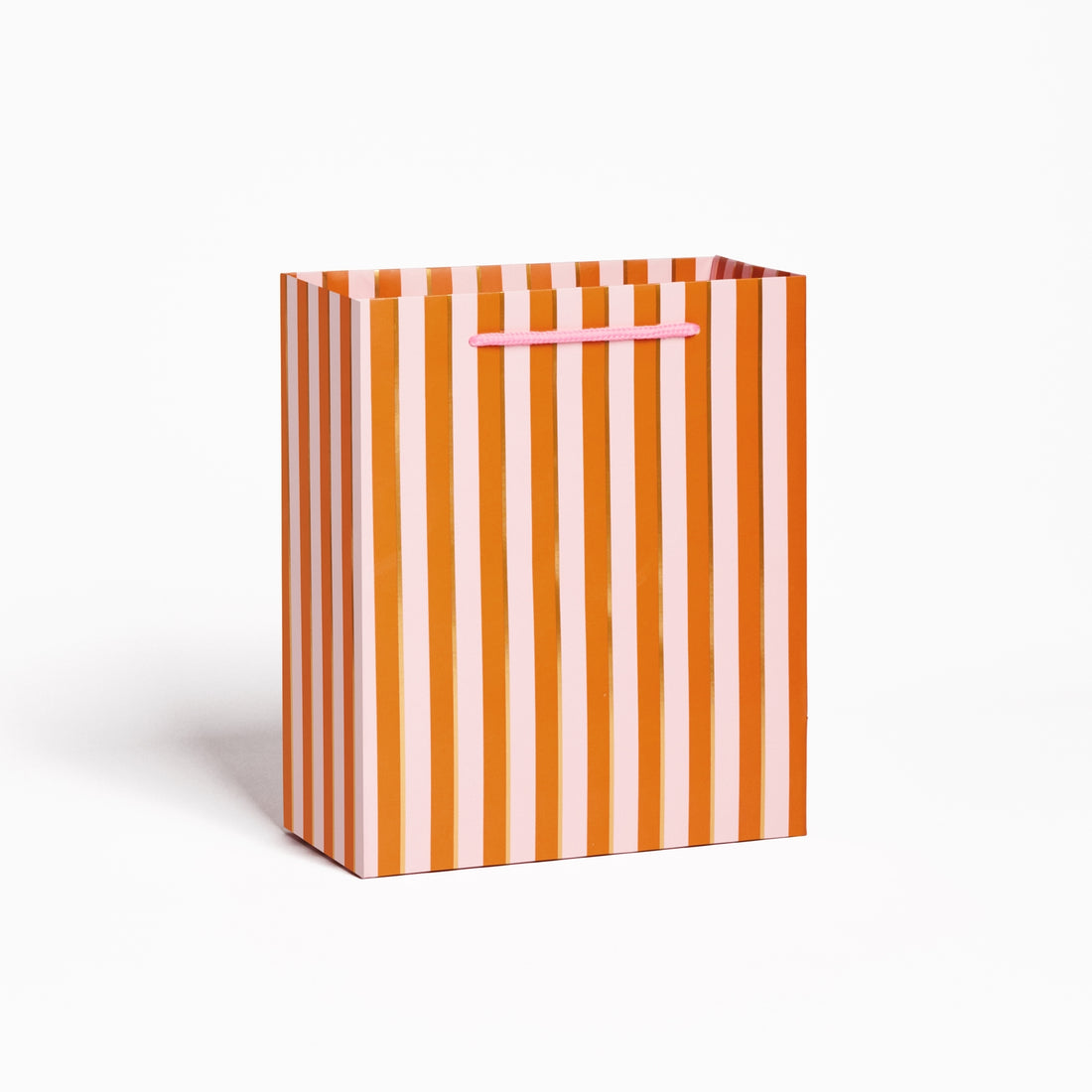 Striped paper gift bag with orange and pink vertical stripes on a white background.