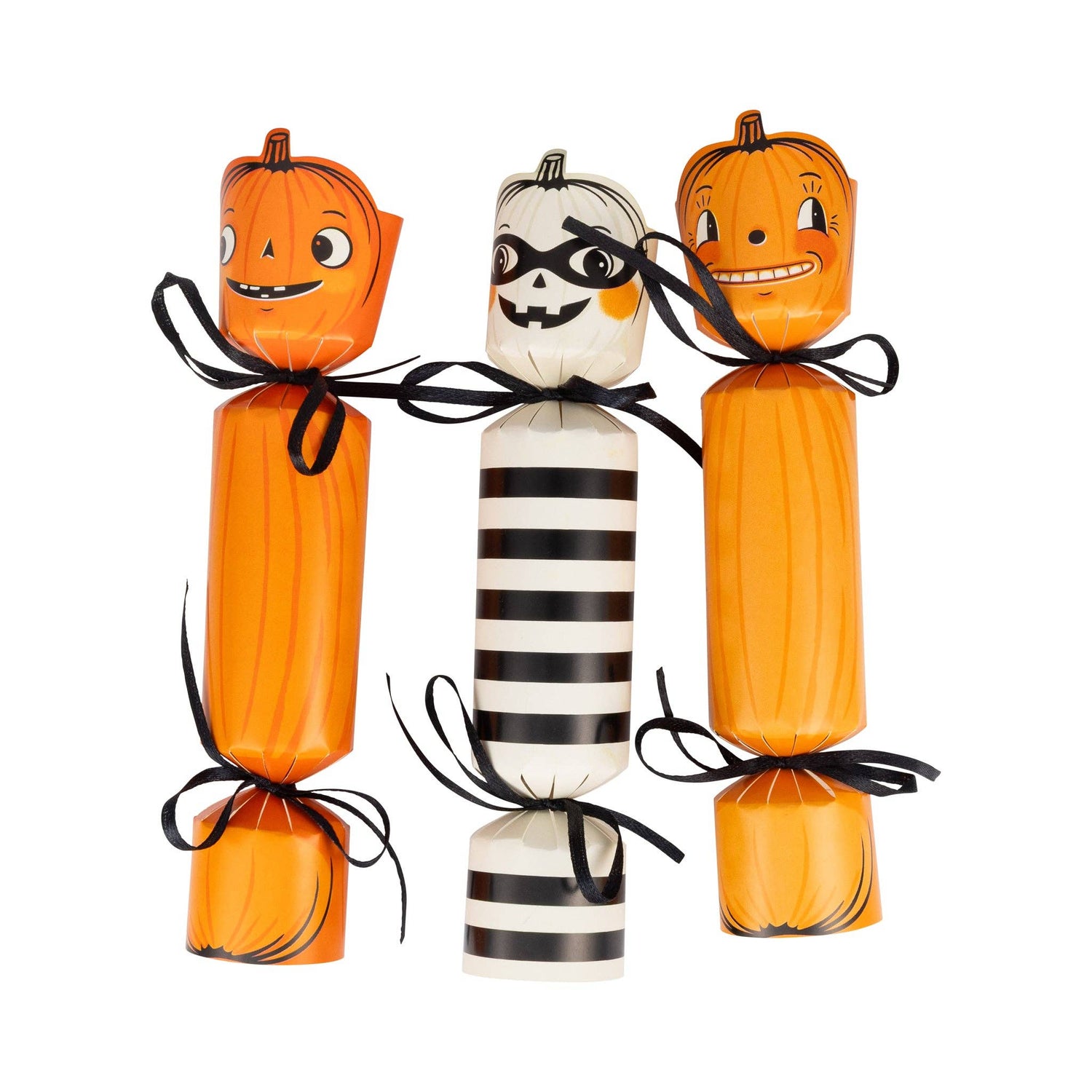 Halloween-themed festive crackers with orange pumpkins and a striped character on a white background.