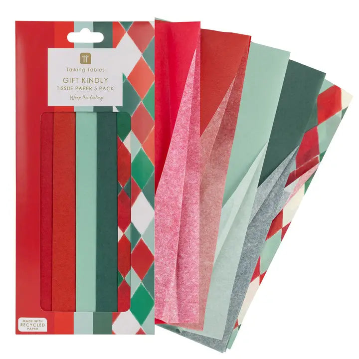 Packaged tissue paper set with red, green, and pink patterns on a white background