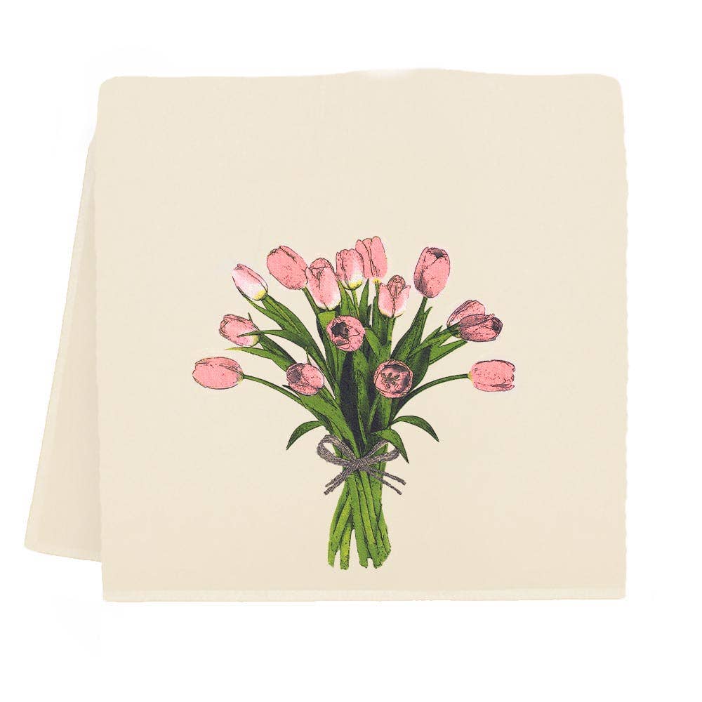Beige towel with a bundle of pink tulips design on a white background.