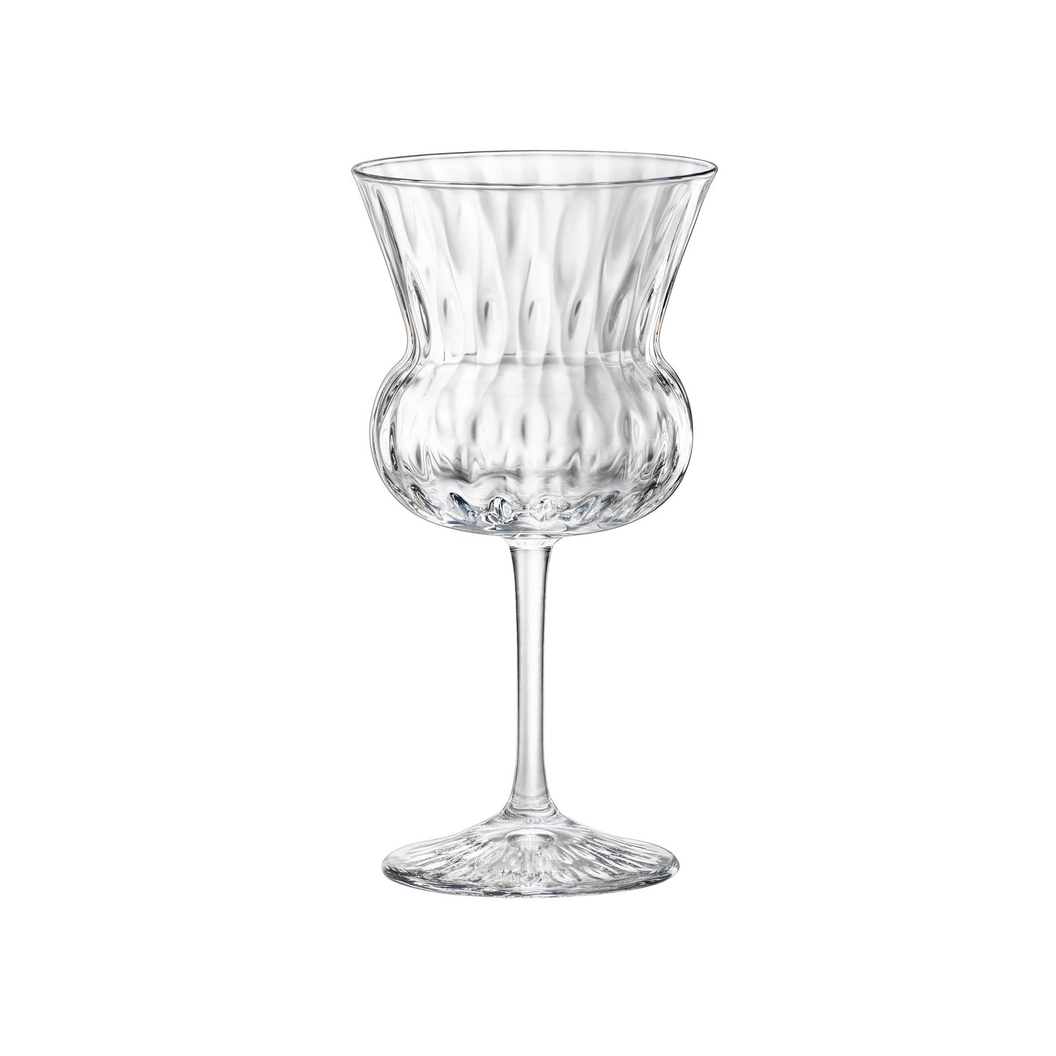 A clear cut-crystal goblet with a flared rim, vertical ribbed texture, and a slender stem on a plain white background.
