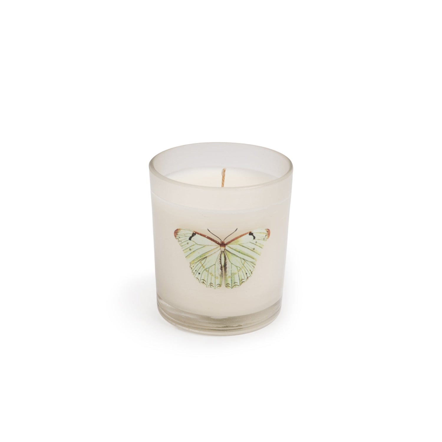 Candle with a butterfly design on a white background.