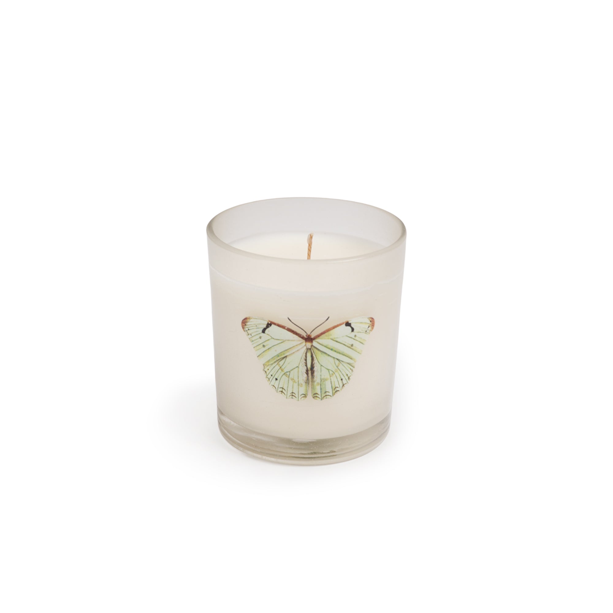 Candle with a butterfly design on a white background.