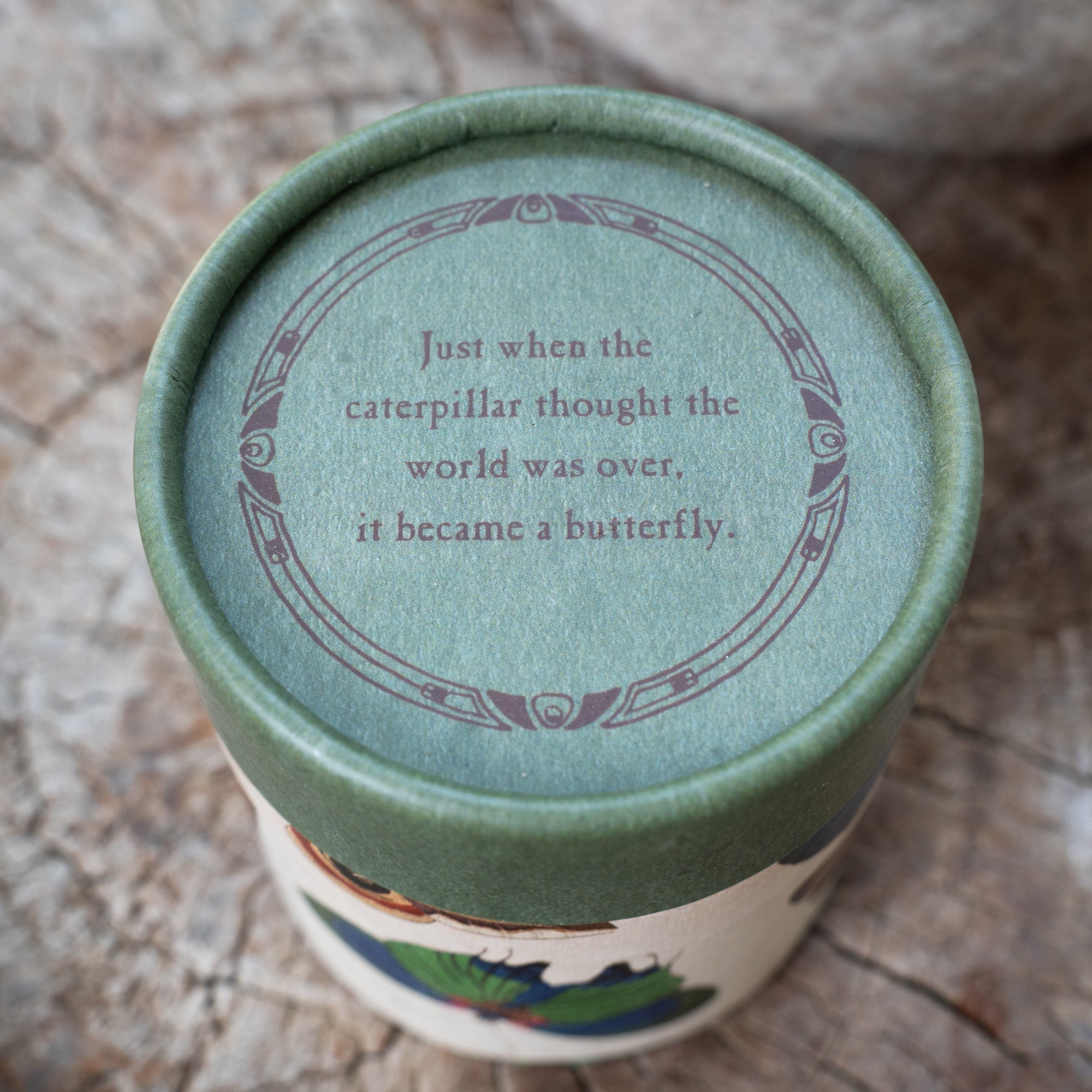 Green container lid with motivational quote on a textured surface.