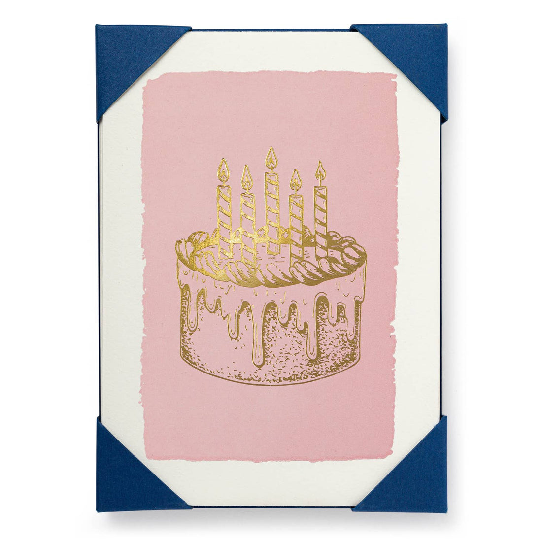 A pink letterpress card with an Archivist Gallery Gold Cake Set of 5 Cards, perfect for cake-lovers.