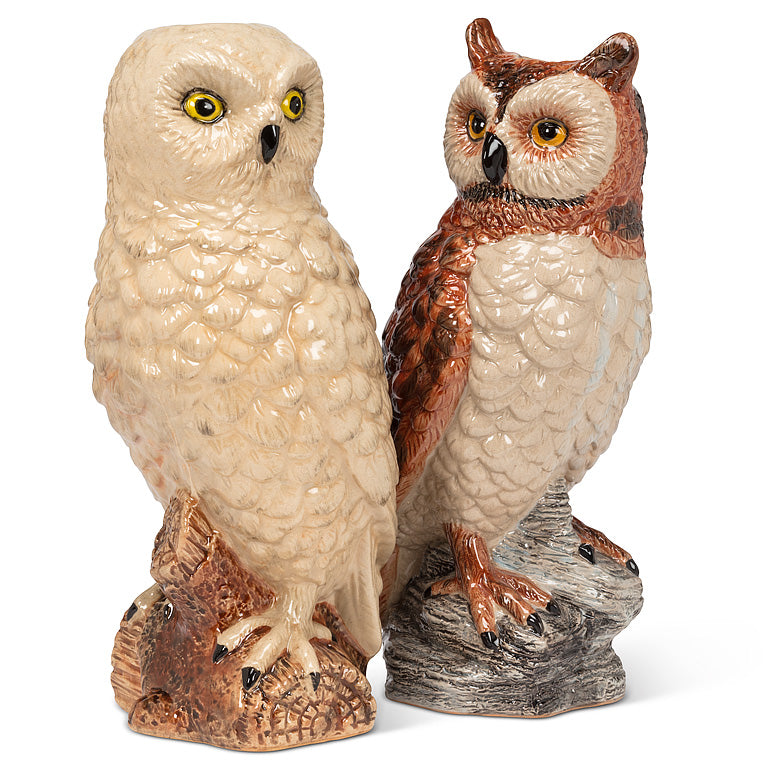 Two owl figurines on a white background.
