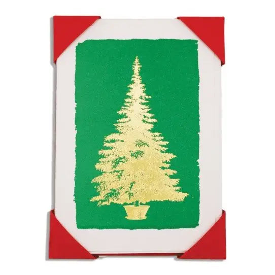 A greeting card featuring a stylized gold Christmas tree on a green background, bordered by a white margin with red corner accents, shown against a plain white background.