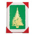 A greeting card featuring a stylized gold Christmas tree on a green background, bordered by a white margin with red corner accents, shown against a plain white background.