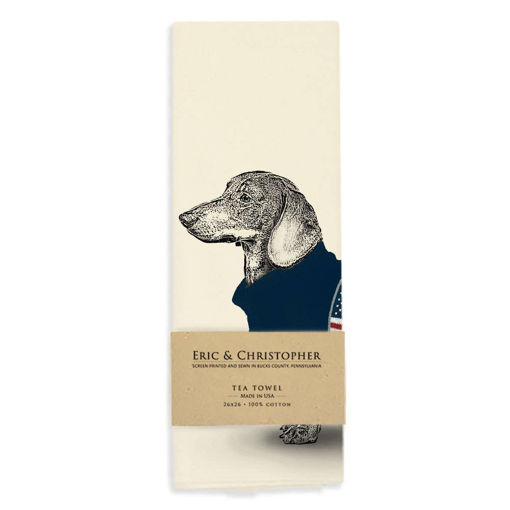 Tea towel with a dachshund design and &