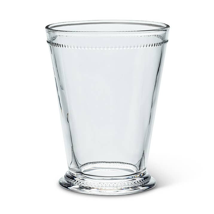 A clear glass tumbler with a flared base and a delicate beaded decorative ring near the rim, shown on a plain white background.