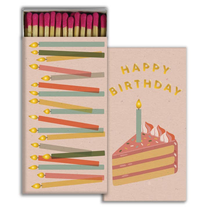 Matches with colorful candles and a birthday card with &