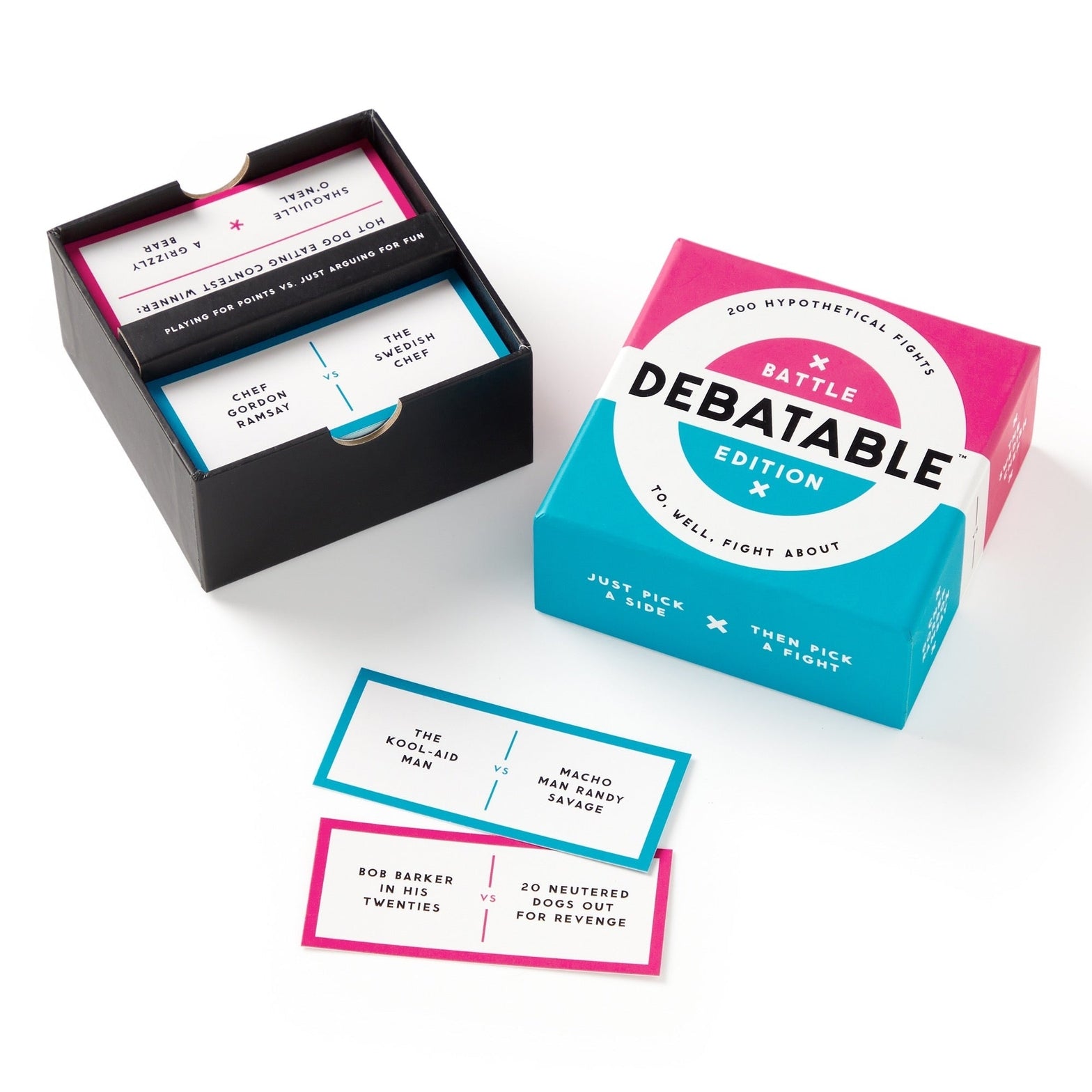 Debatable Edition card game packaging with cards on a white background.