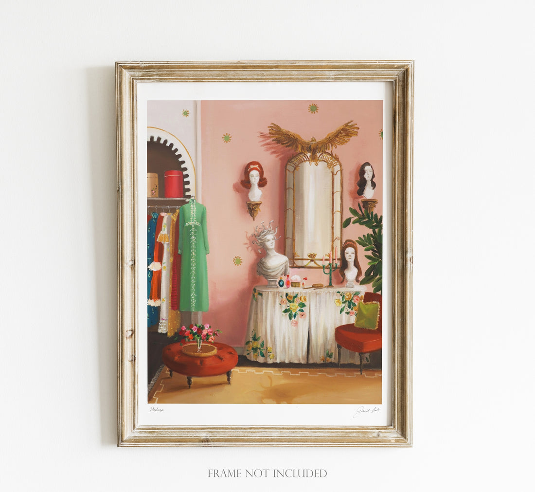 A framed Medusa Small Art Print of a room with pink walls and a dresser, created by Janet Hill.