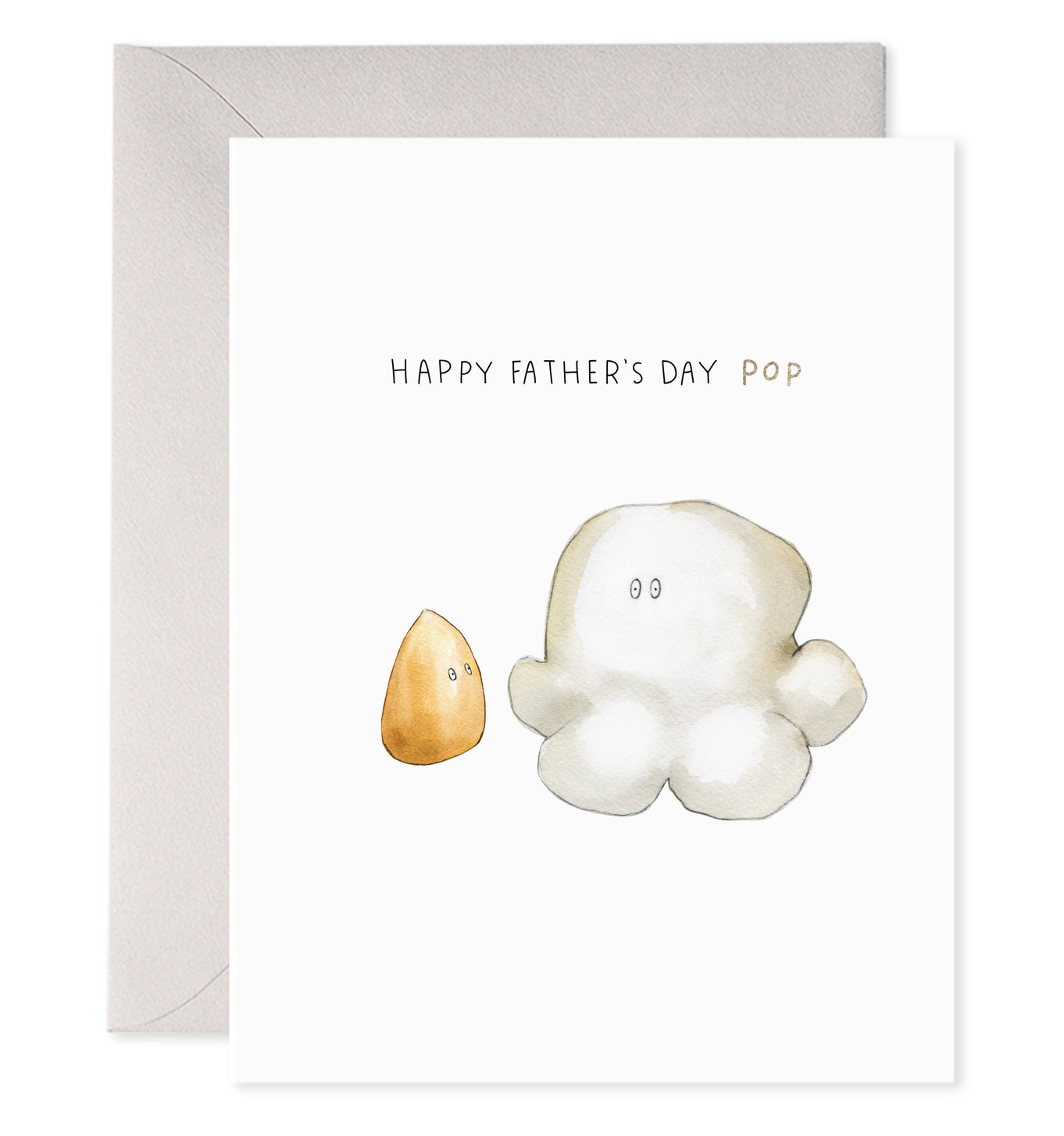 Greeting card with illustration of a kernel of popcorn and a popped piece of popcorn with Happy Father&