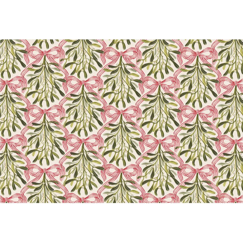A paper placemat featuring a repeating illustrated pattern of red and white striped ribbon bows tied to the stems of mistletoe.