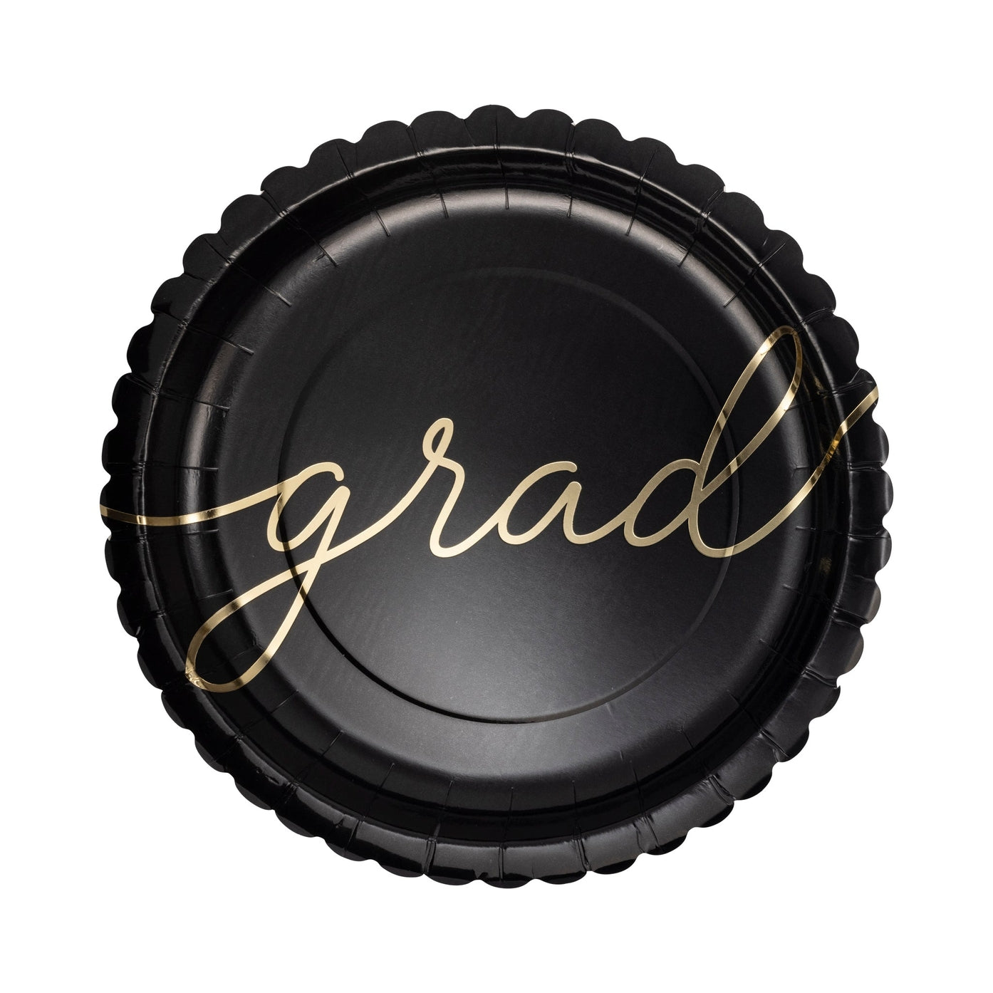 A black paper plate with the word &
