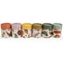 Set of six cylindrical containers with colorful animal-themed labels on a white background.
