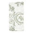 White fabric with green floral and decorative pattern on a white background