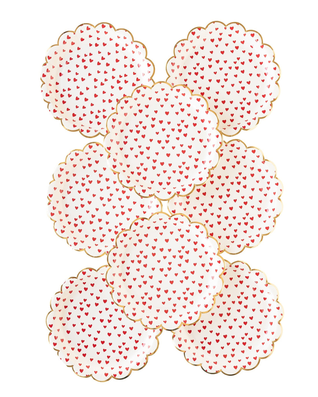 A group of 8 white scalloped plates with red hearts.  