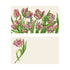 Two illustrated note card designs on a cream background. The top card features an all-over, vibrant border of ruffled parrot tulips in shades of pink, white, and green with long, sweeping leaves. The bottom card has a clean layout showing a single elegant parrot tulip stem curving beautifully on the left-hand side, leaving the remaining space blank.