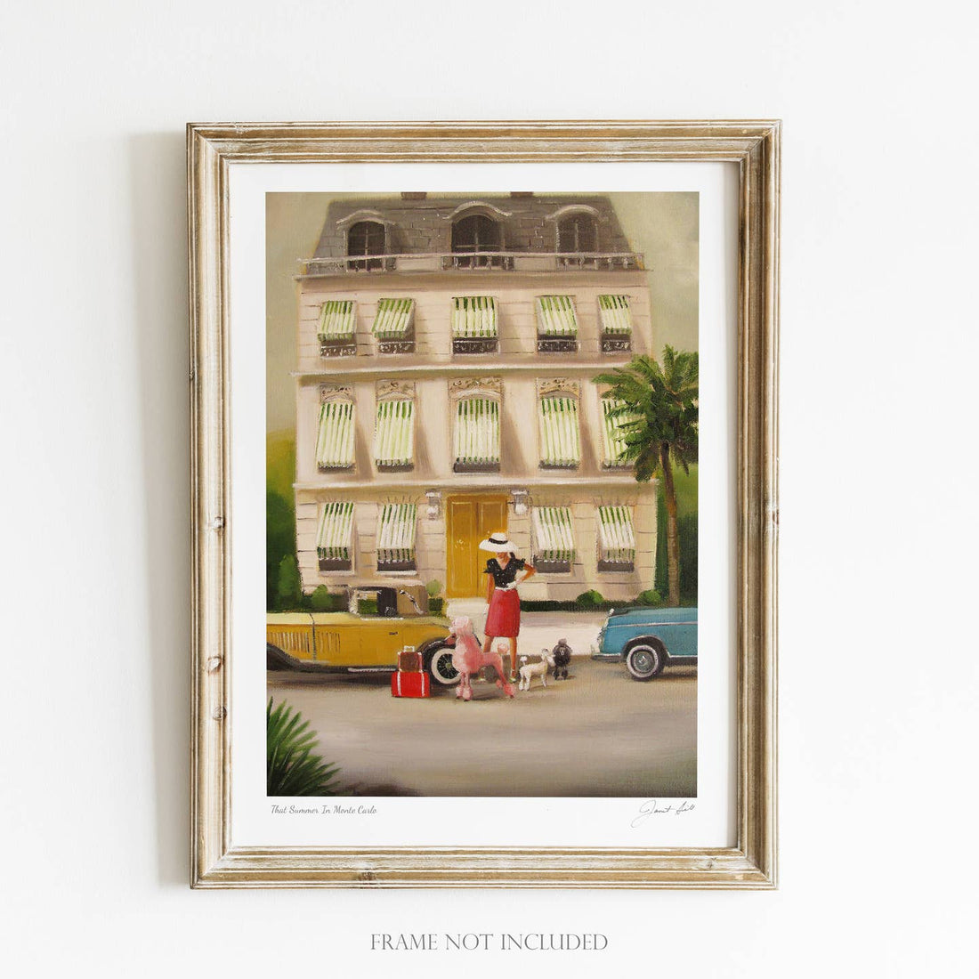 Artwork by Janet Hill depicting the outside of a hotel with green stripe awnings over the windows and a yellow sports car in front with a woman holding several dogs. 