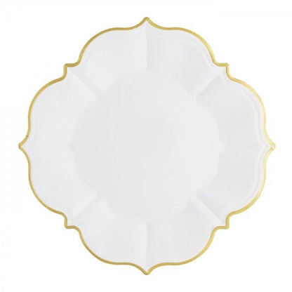 An Eid Creations White Scalloped plate with Gold Rim.