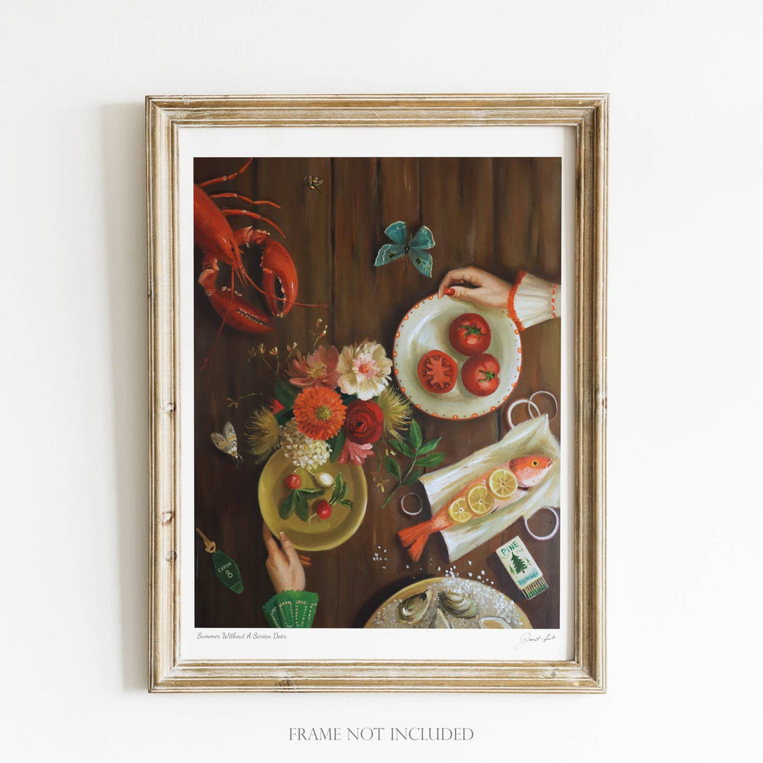 Artwork by Janet Hill depicting a table set with plates of summer food and a lobster and fish.  