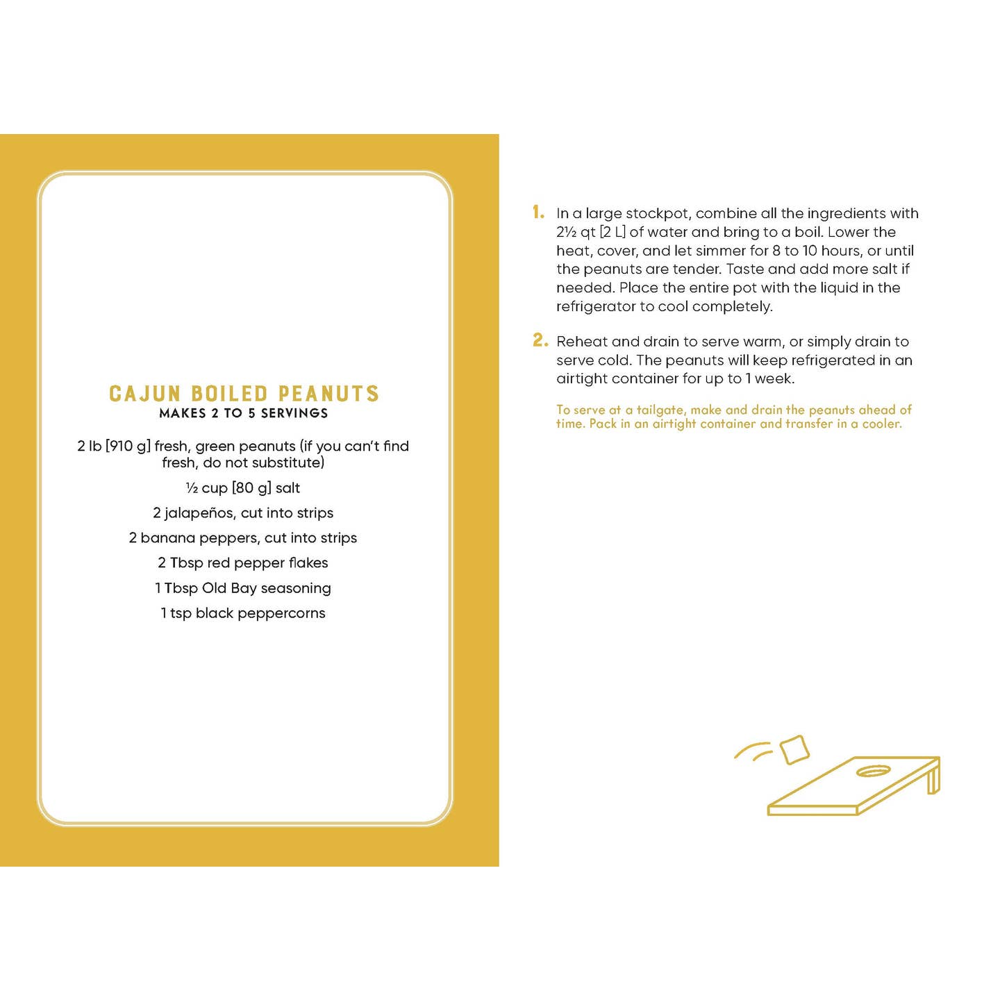 Recipe card for Cajun Boiled Peanuts with ingredients and instructions on a white background.