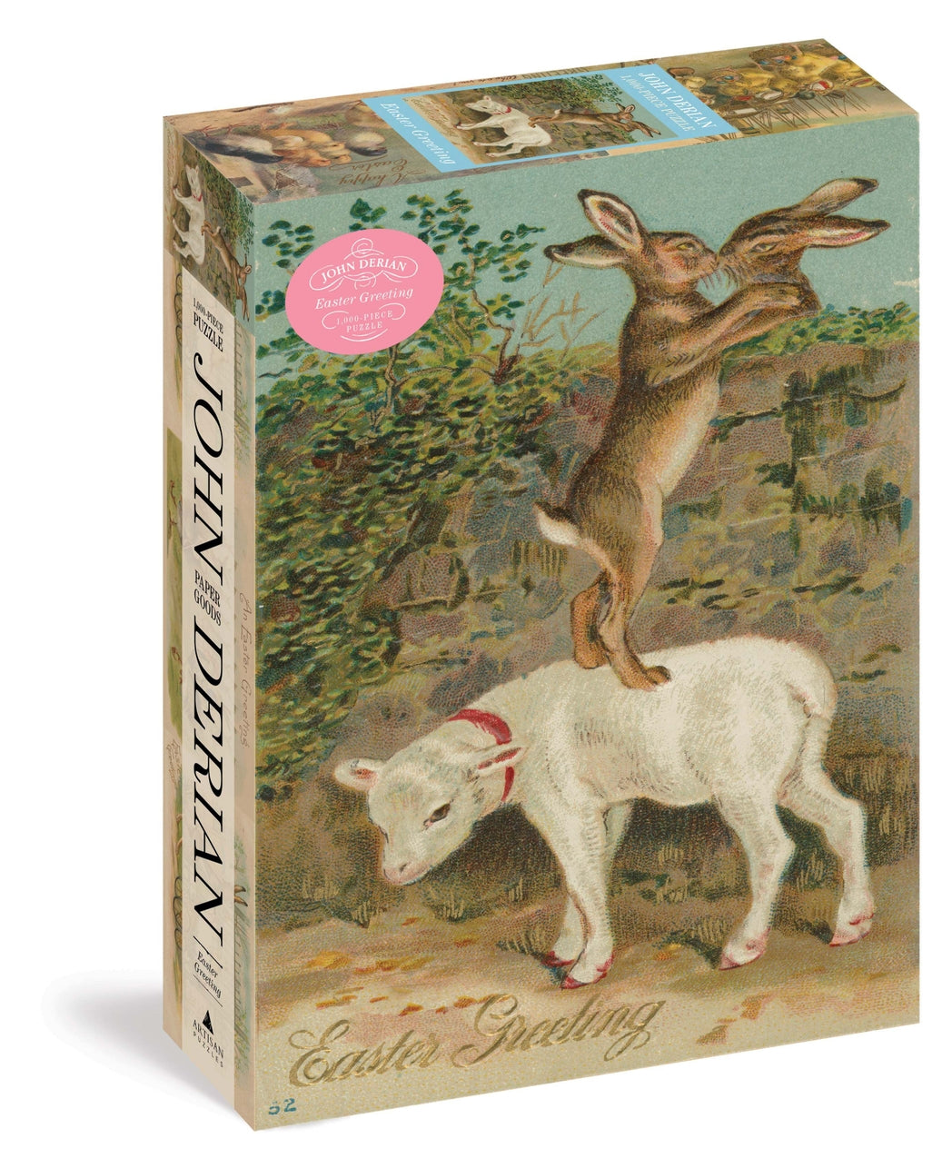 Box with vintage-style illustration of a rabbit and lamb, featuring a pink label on a white background.