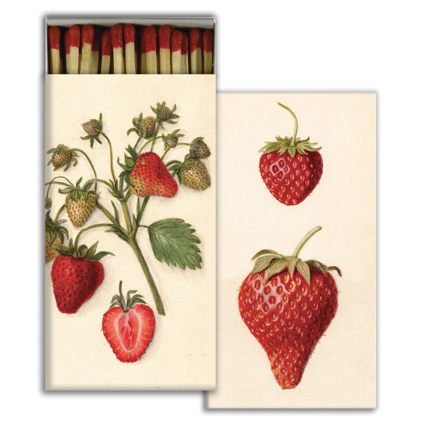 Matchbox with strawberry design on a white background.
