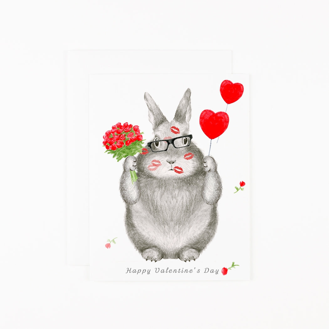 Illustration of a cute character holding flowers and heart balloons with &
