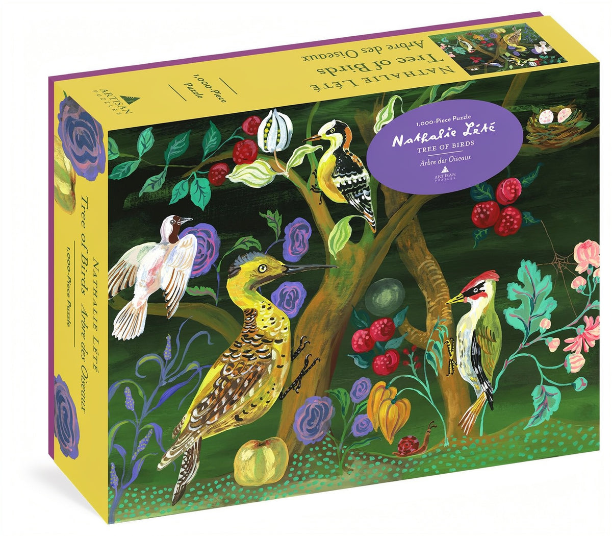 A boxed puzzle titled "Tree of Life / Aven des Champs" by Ludmilla Mikhaylova, shown at a slight angle to reveal both the front and side panels. The box is decorated with a colorful, detailed illustration of birds perched on tree branches among leaves, flowers, and berries.