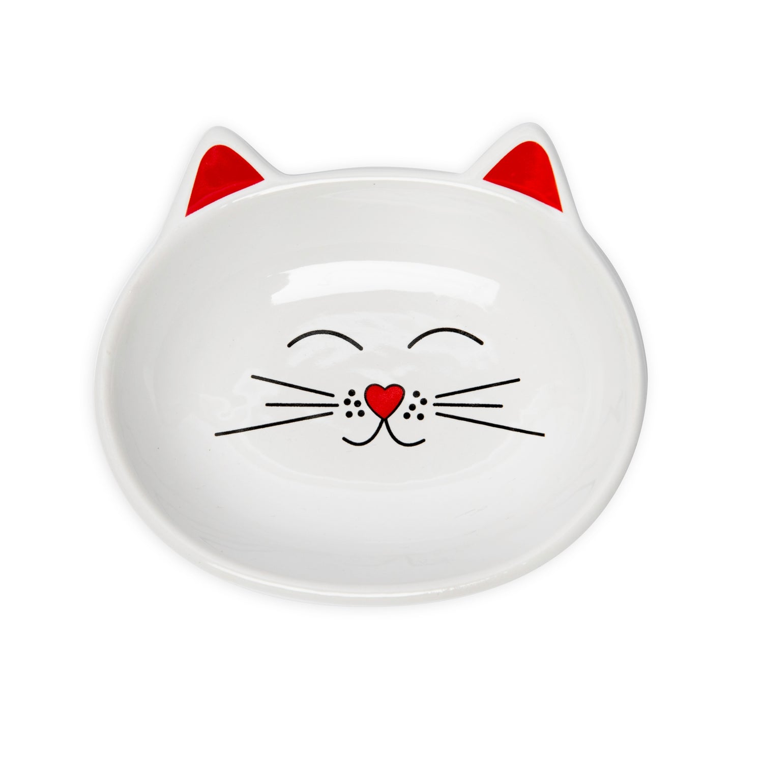 A white cat-shaped ceramic bowl or dish with red ears, black whisker lines, and a small red heart on the nose, shown on a plain white background.