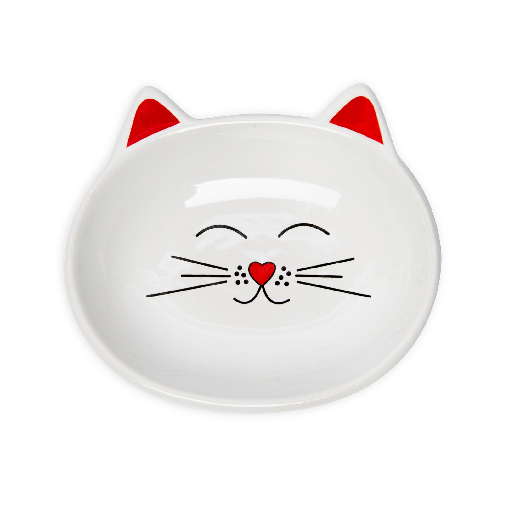 A white cat-shaped ceramic bowl or dish with red ears, black whisker lines, and a small red heart on the nose, shown on a plain white background.