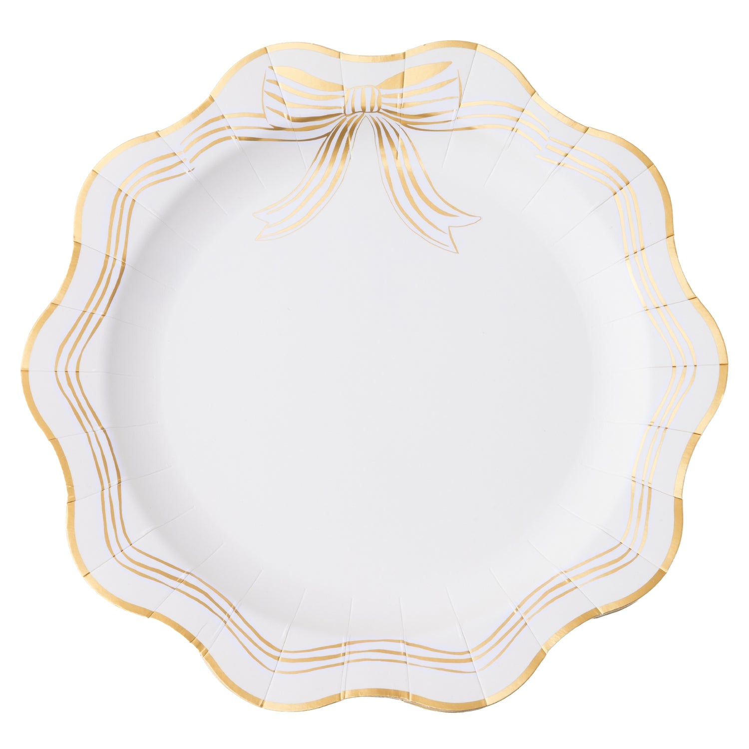 White plate with gold decorative edge on a white background.