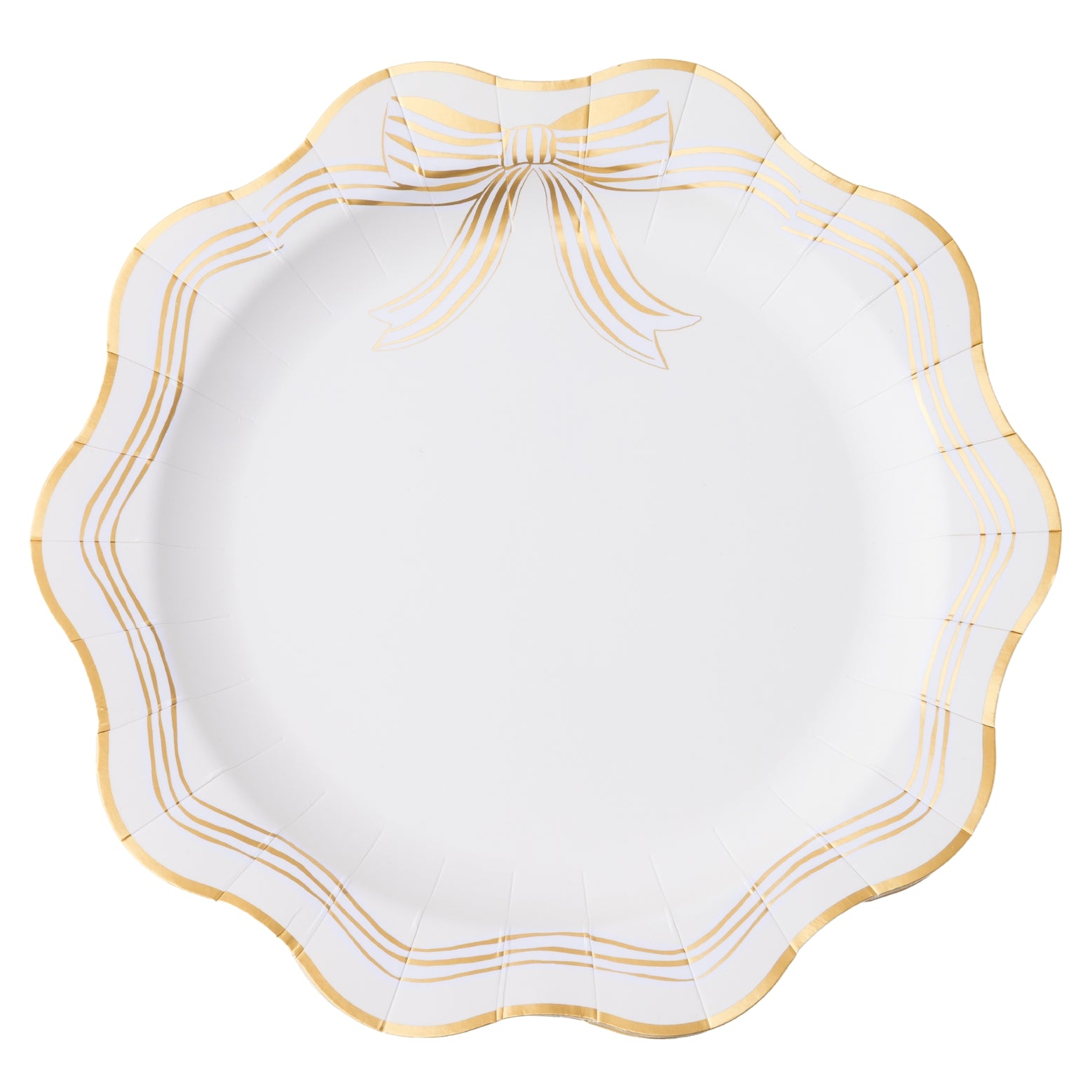 White plate with gold decorative edge on a white background.